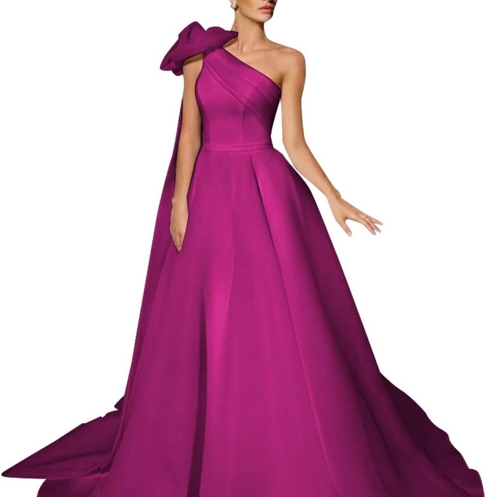 One-Shoulder Magenta Evening Gown with Bow Accent